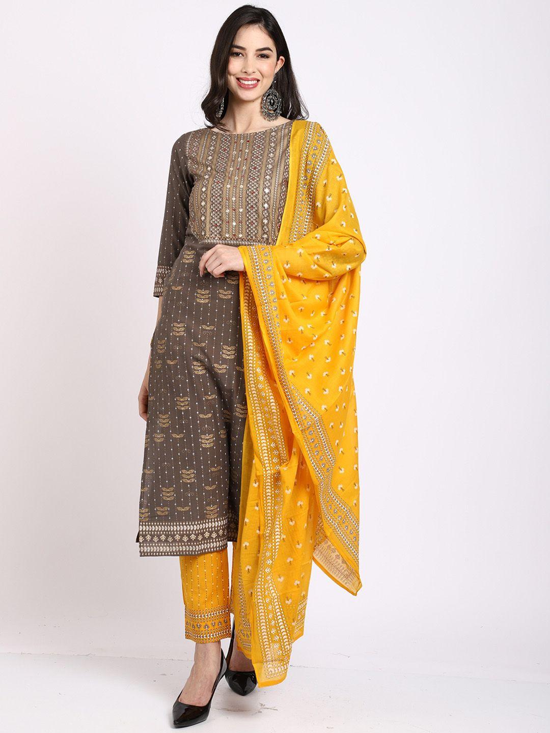 rajnandini women grey ethnic motifs printed pure cotton kurta with trousers & dupatta