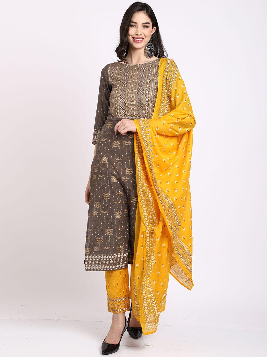 rajnandini women grey ethnic motifs printed pure cotton kurta with trousers & with dupatta