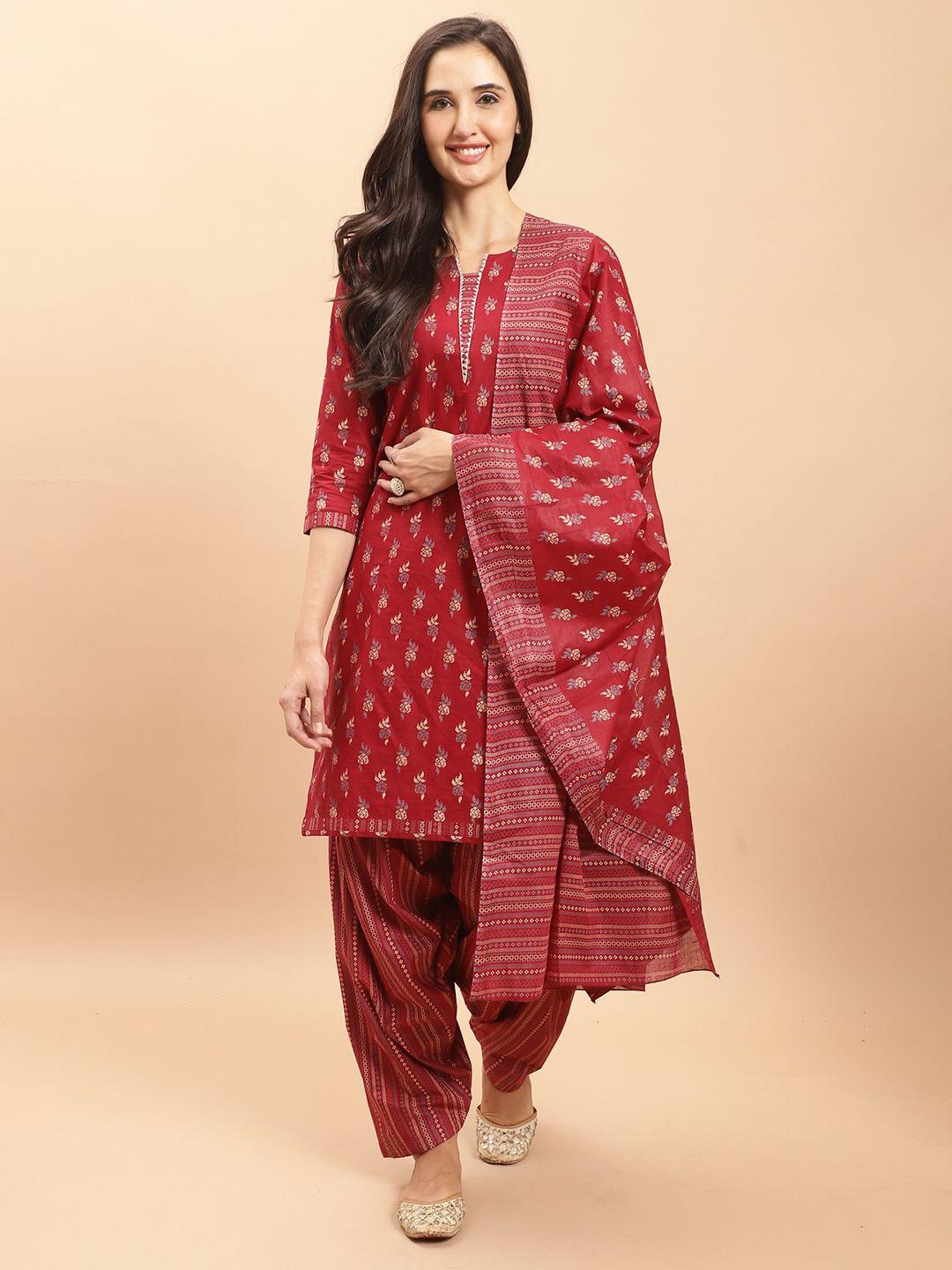 rajnandini women maroon floral printed regular gotta patti pure cotton kurta with salwar & with dupatta