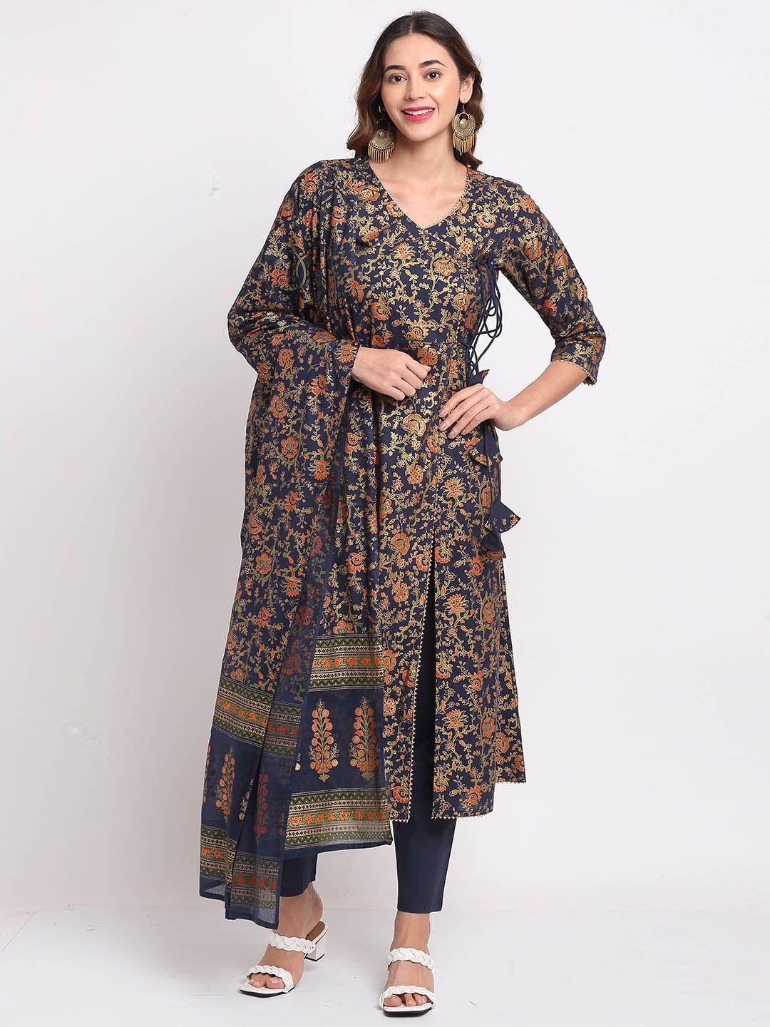 rajnandini women navy blue floral print angrakha pure cotton kurta with churidar & dupatta