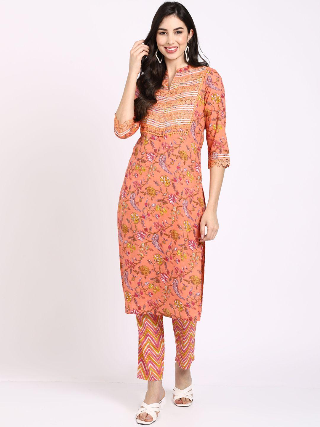 rajnandini women peach-coloured floral printed gotta patti pure cotton kurta with trousers & with dupatta