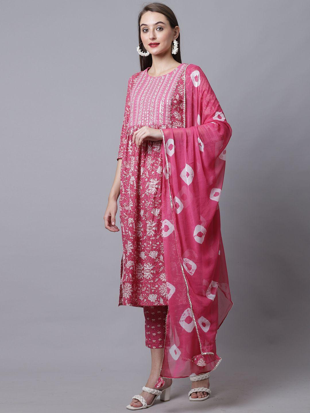 rajnandini women pink embroidered pure cotton kurta with trouser & with dupatta set