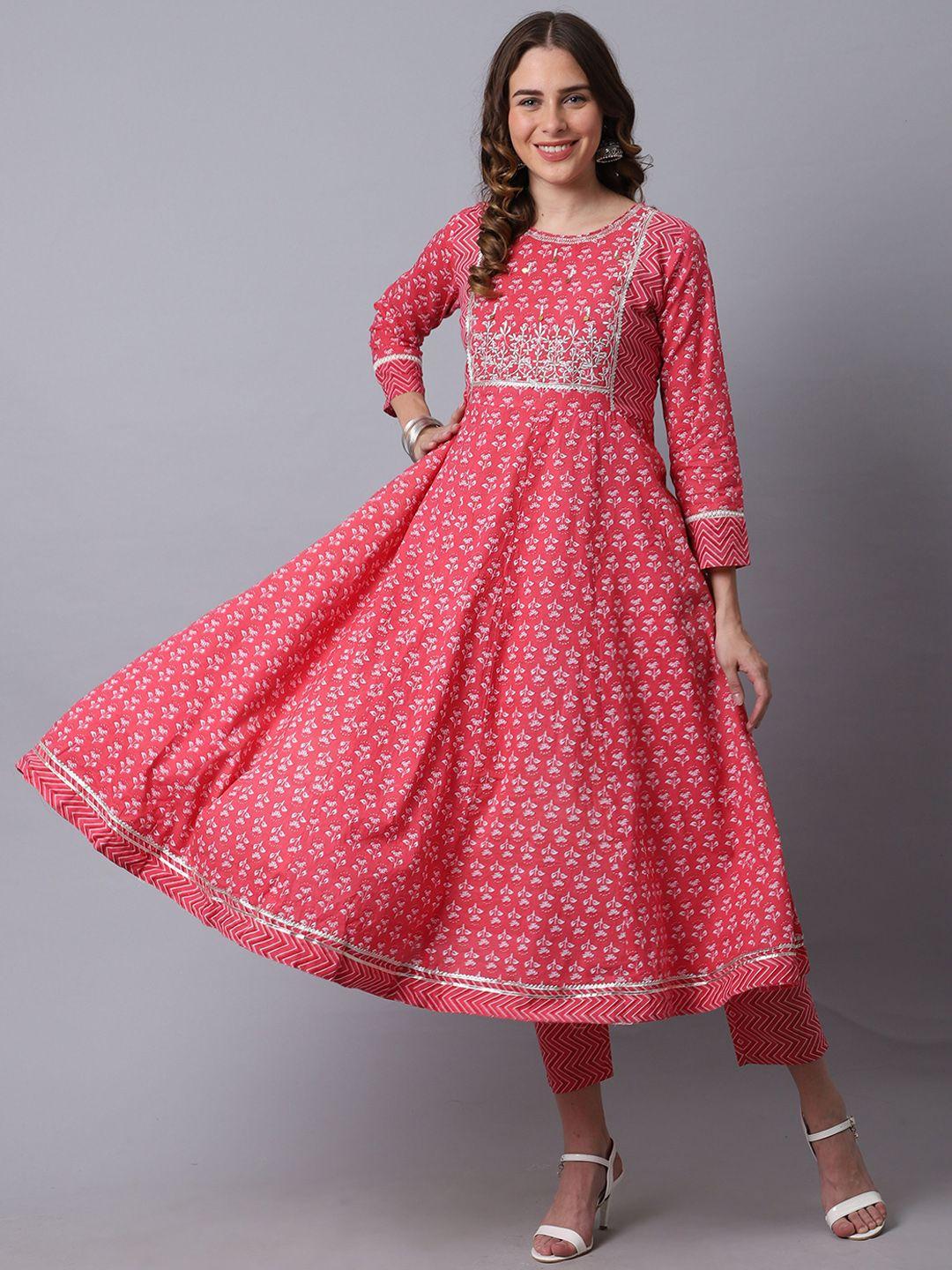 rajnandini women pink ethnic motifs printed pleated pure cotton kurta with trousers & with dupatta