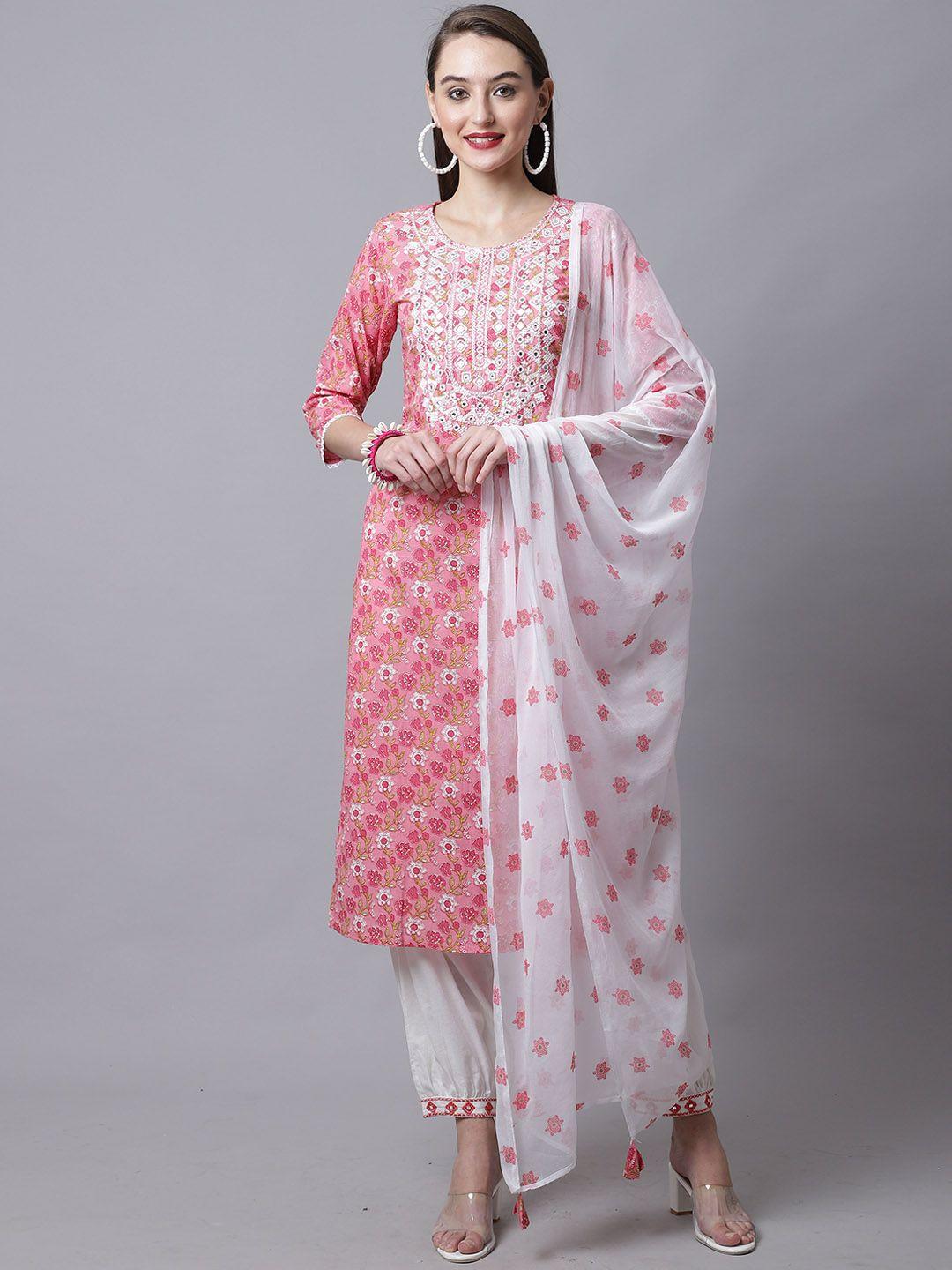 rajnandini women pink mirror work pure cotton kurta with trouser & with dupatta set
