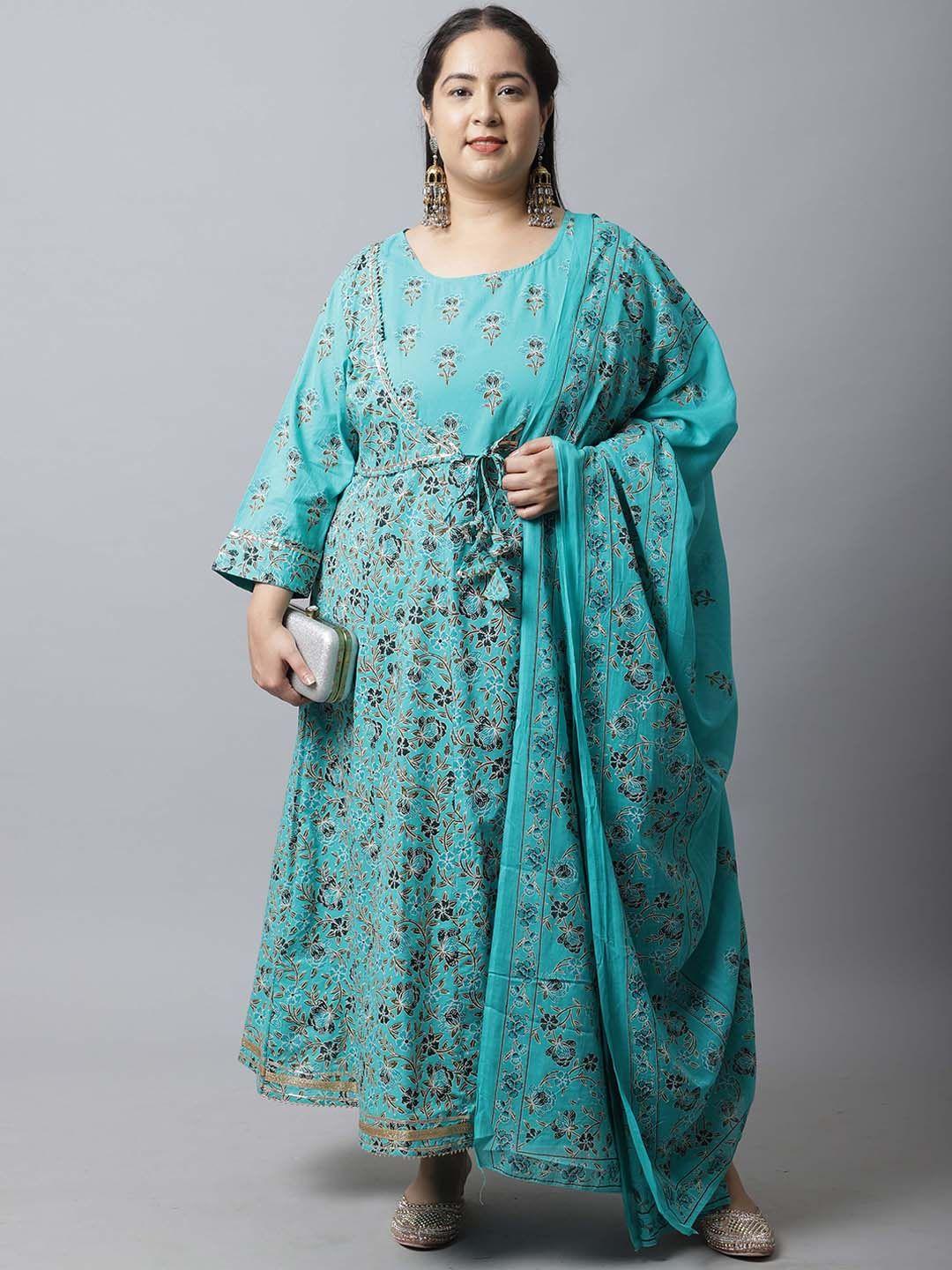 rajnandini women plus size turquoise blue floral printed pure cotton kurta with trousers & with dupatta