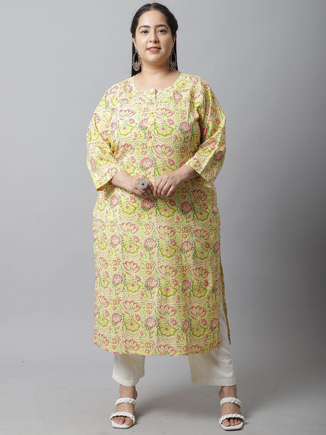 rajnandini women plus size yellow & pink floral printed kurta
