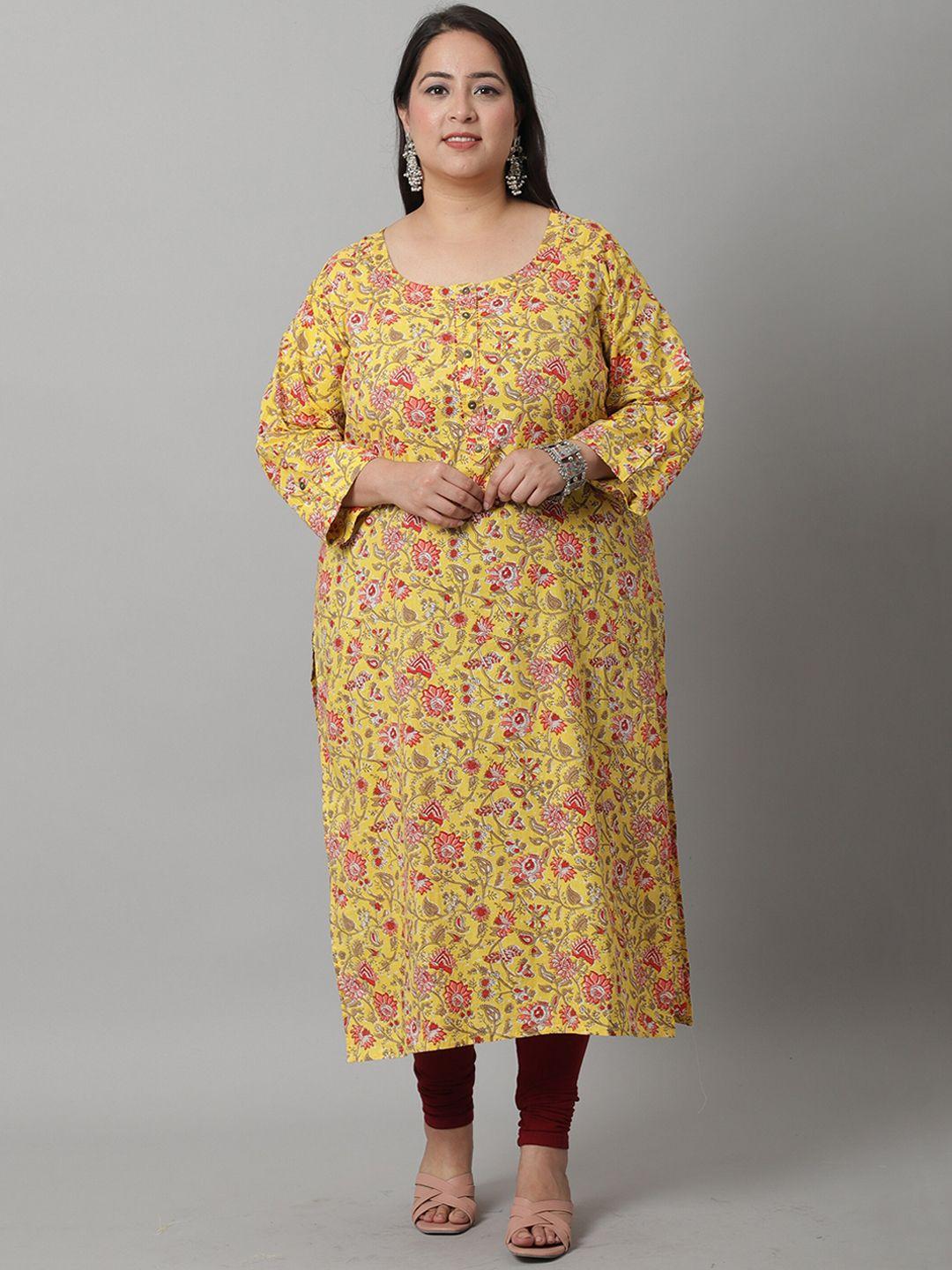 rajnandini women plus size yellow floral printed pure cotton kurta