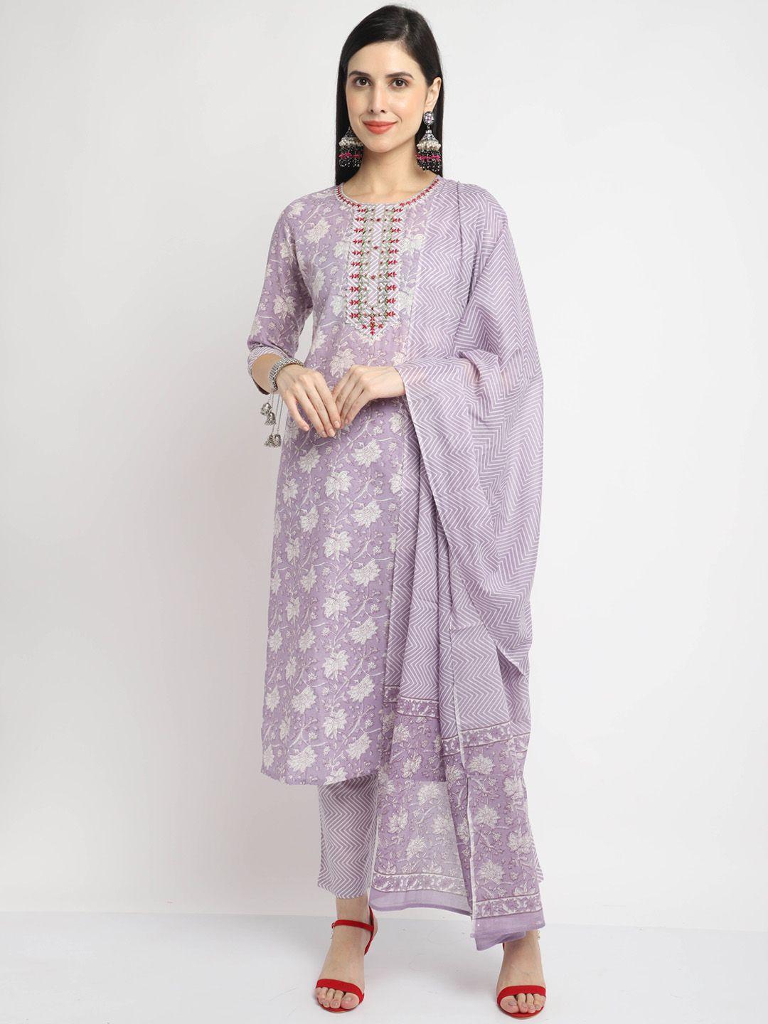 rajnandini women purple floral printed thread work pure cotton kurta with trousers & with dupatta
