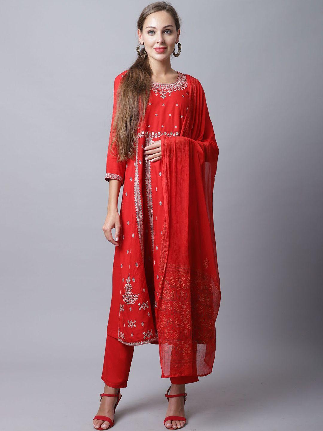 rajnandini women red ethnic motifs embroidered thread work kurta with trousers & with dupatta