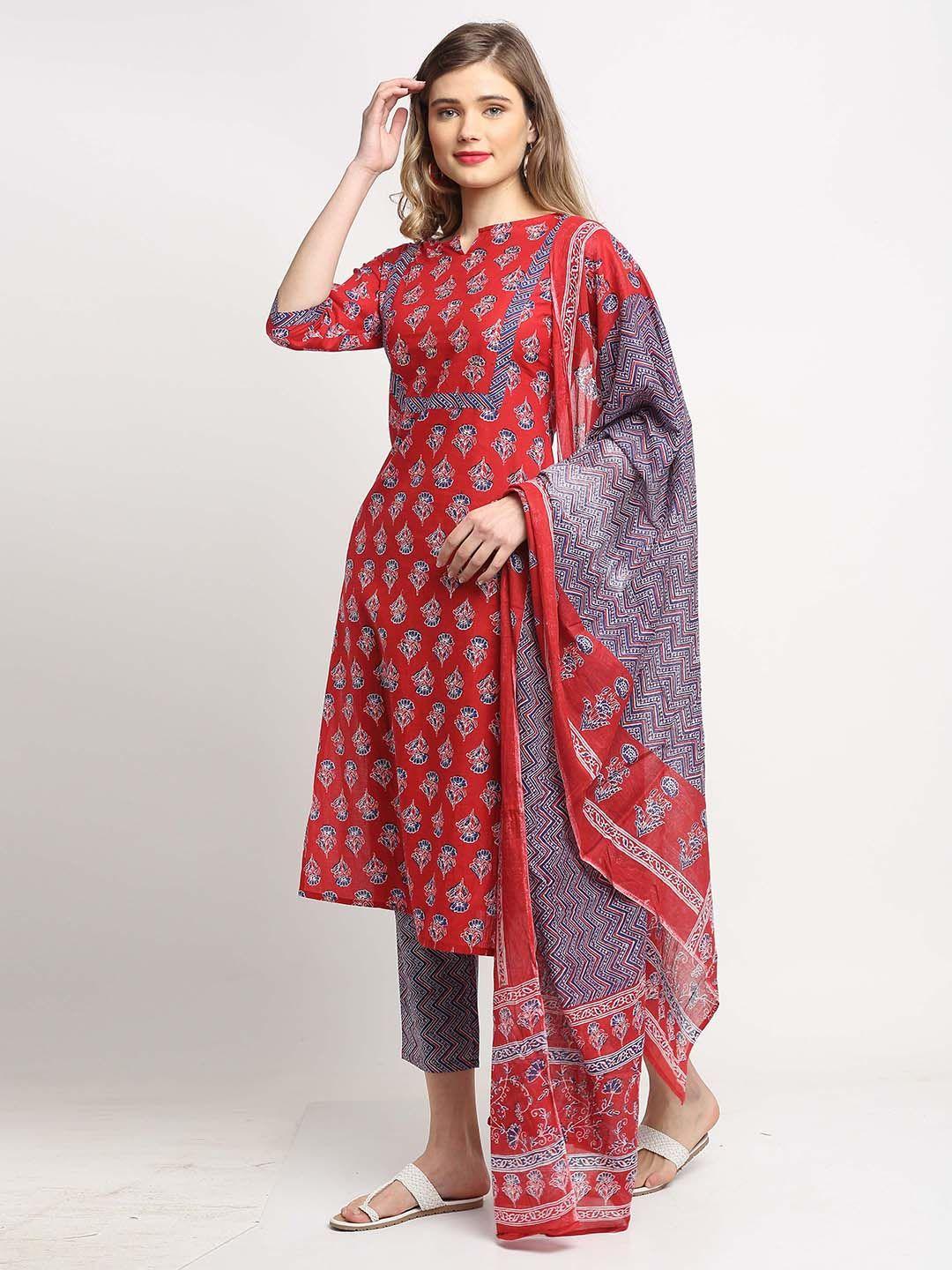 rajnandini women red ethnic motifs printed pure cotton kurta with trousers & dupatta