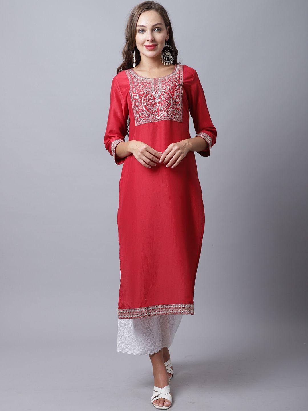 rajnandini women red ethnic motifs yoke design kurta