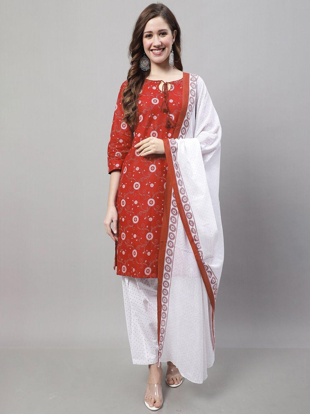 rajnandini women red floral printed regular pure cotton kurta with salwar & with dupatta