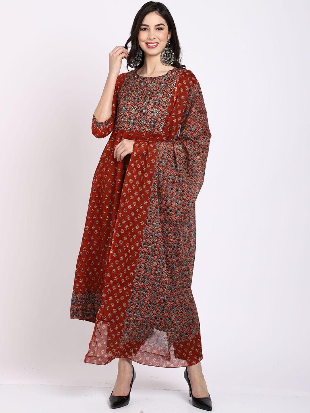 rajnandini women rust ethnic motifs printed pure cotton kurta with palazzos & with dupatta
