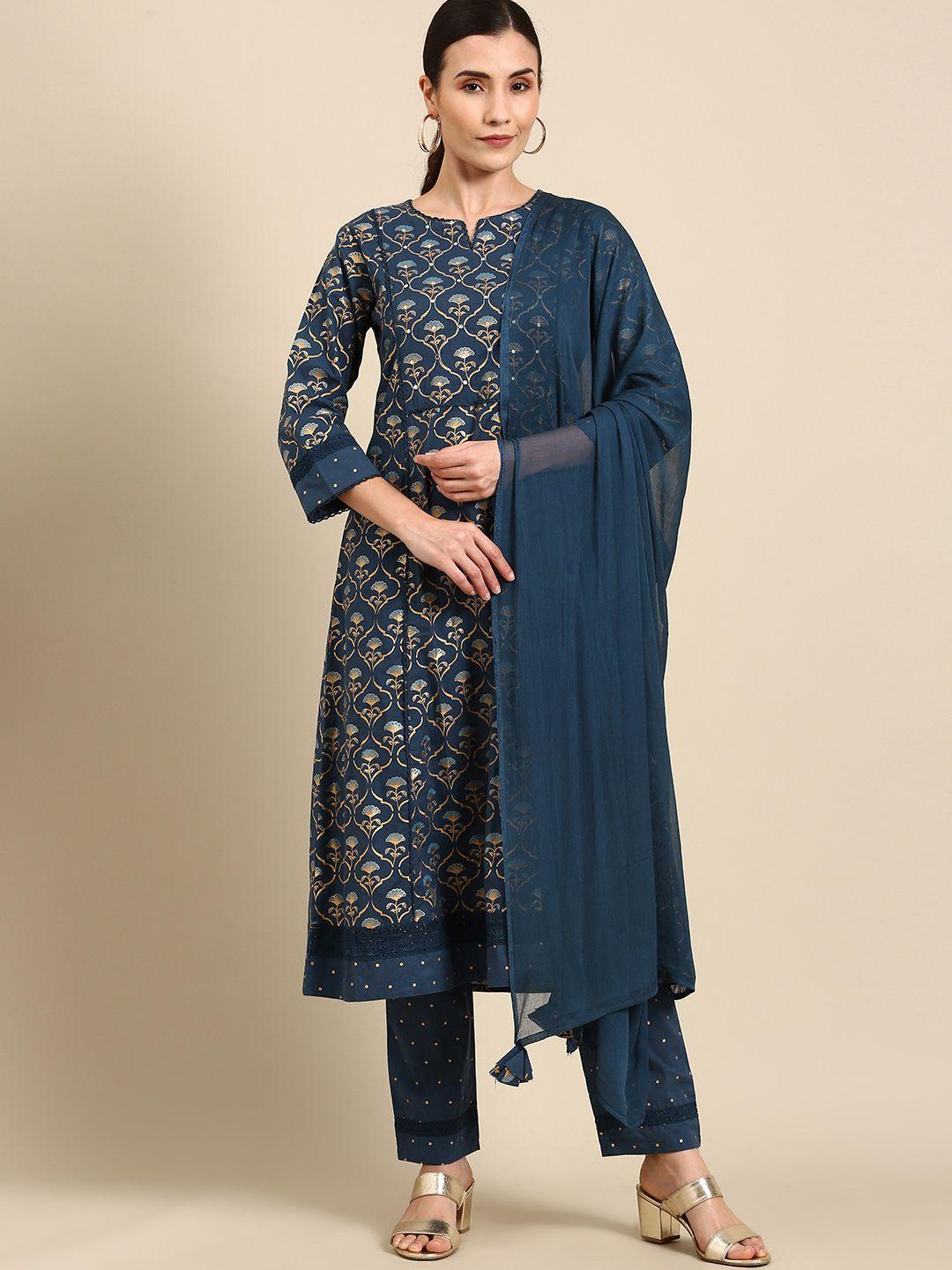 rajnandini women teal blue & golden ethnic print pure cotton kurta with trousers & dupatta