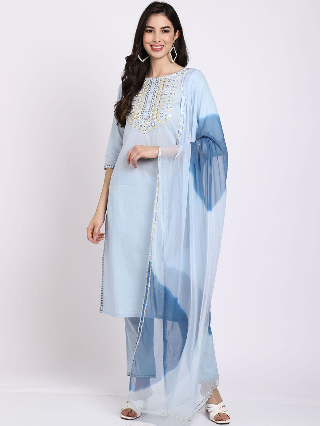 rajnandini women turquoise blue layered pure cotton kurti with churidar & with dupatta