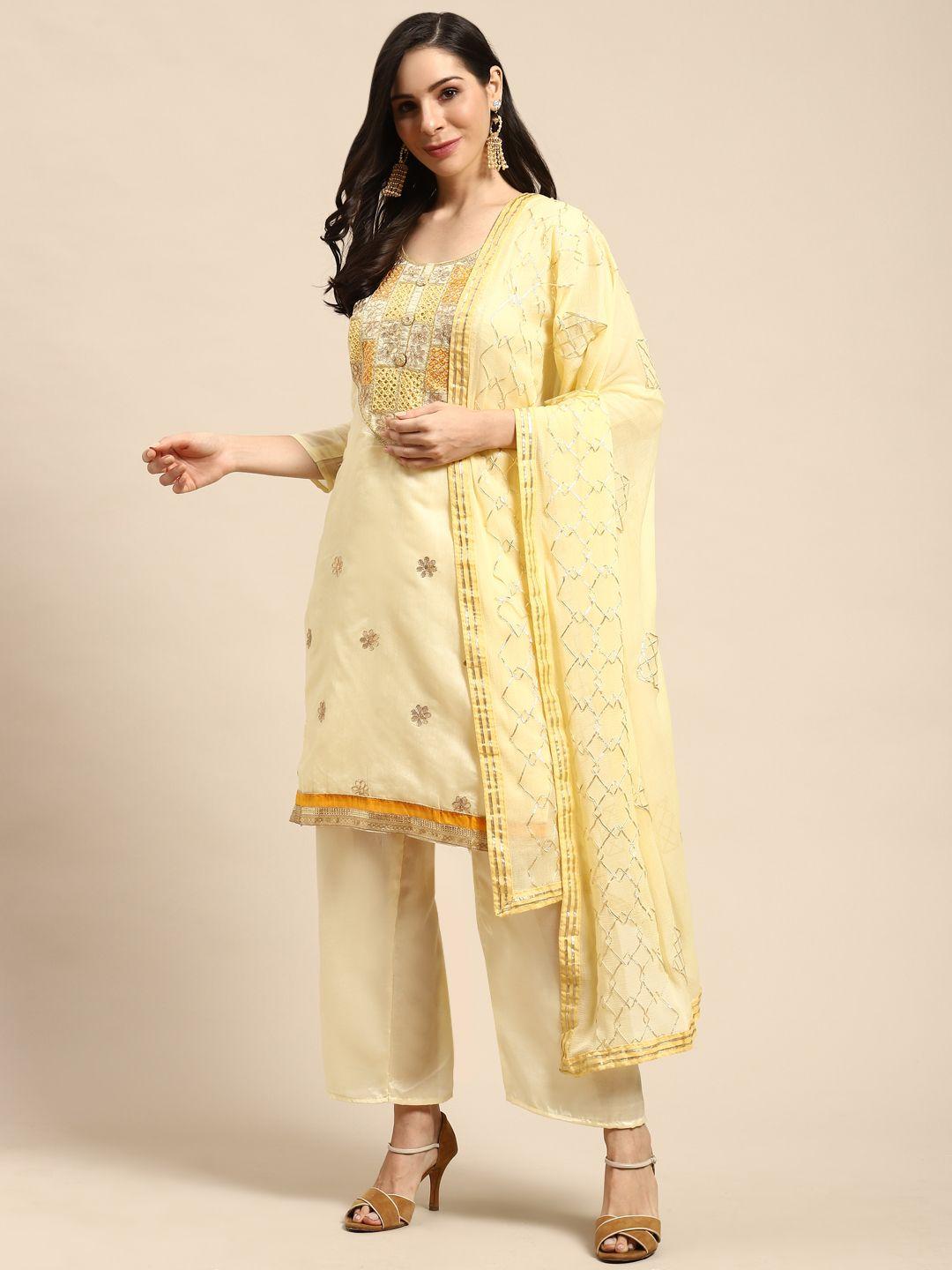 rajnandini yellow & golden embroidered semi-stitched dress material