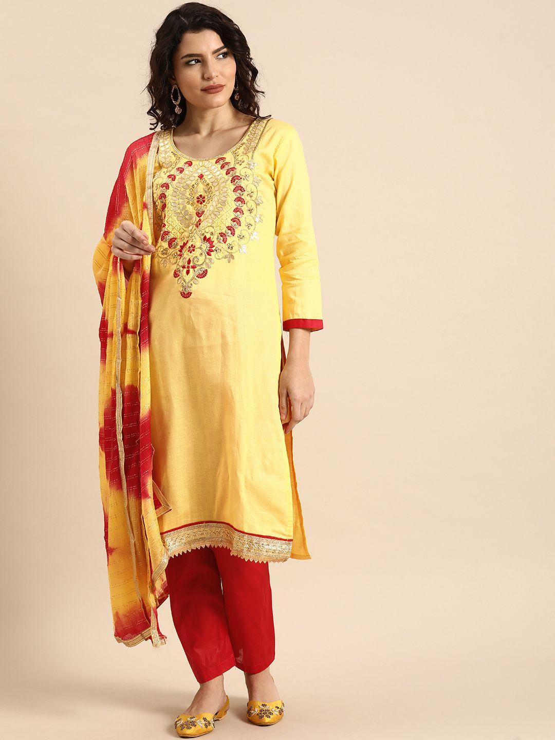 rajnandini yellow & red embroidered unstitched dress material
