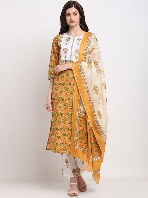 rajnandini yellow & white pure cambric cotton embroidered kurta pant set with dupatta
