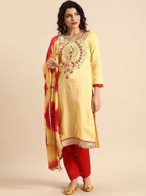 rajnandini yellow cotton embroidered unstitched dress material