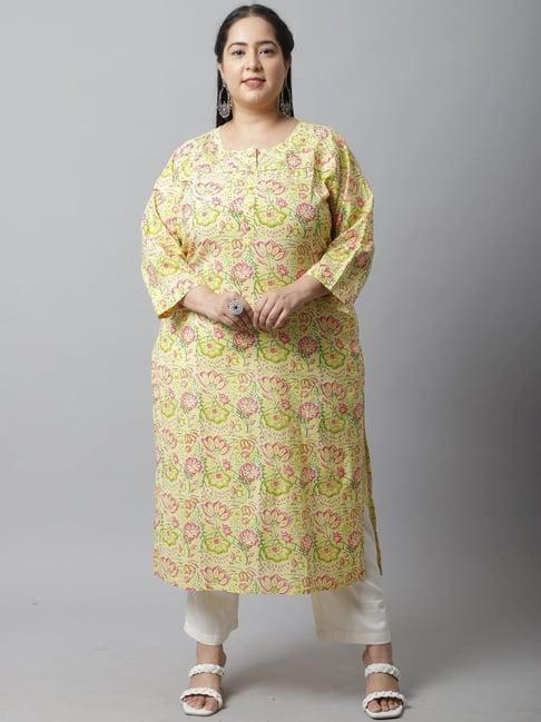 rajnandini yellow cotton floral print straight kurta