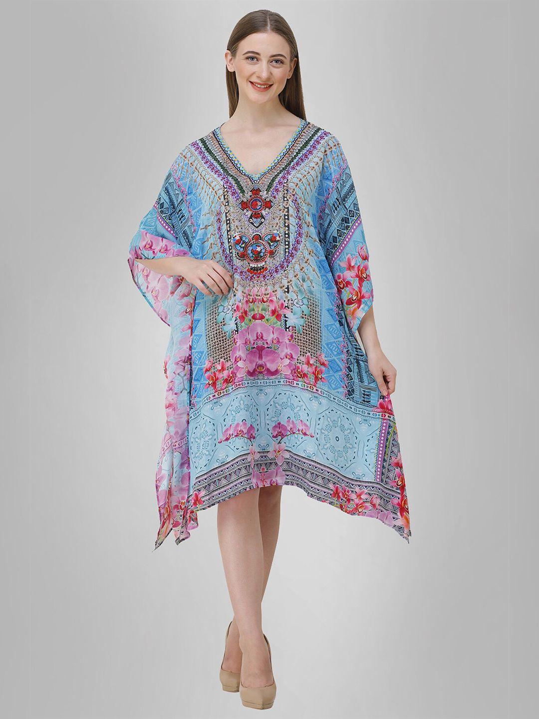rajoria instyle blue & pink ethnic motifs georgette ethnic kaftan dress