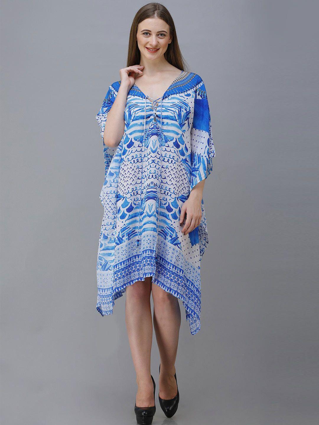 rajoria instyle blue & white ethnic motifs georgette ethnic kaftan dress