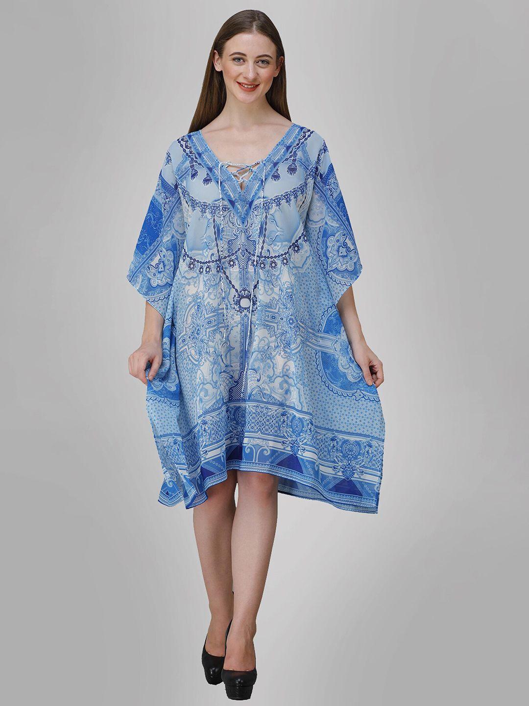 rajoria instyle blue & white georgette ethnic kaftan dress