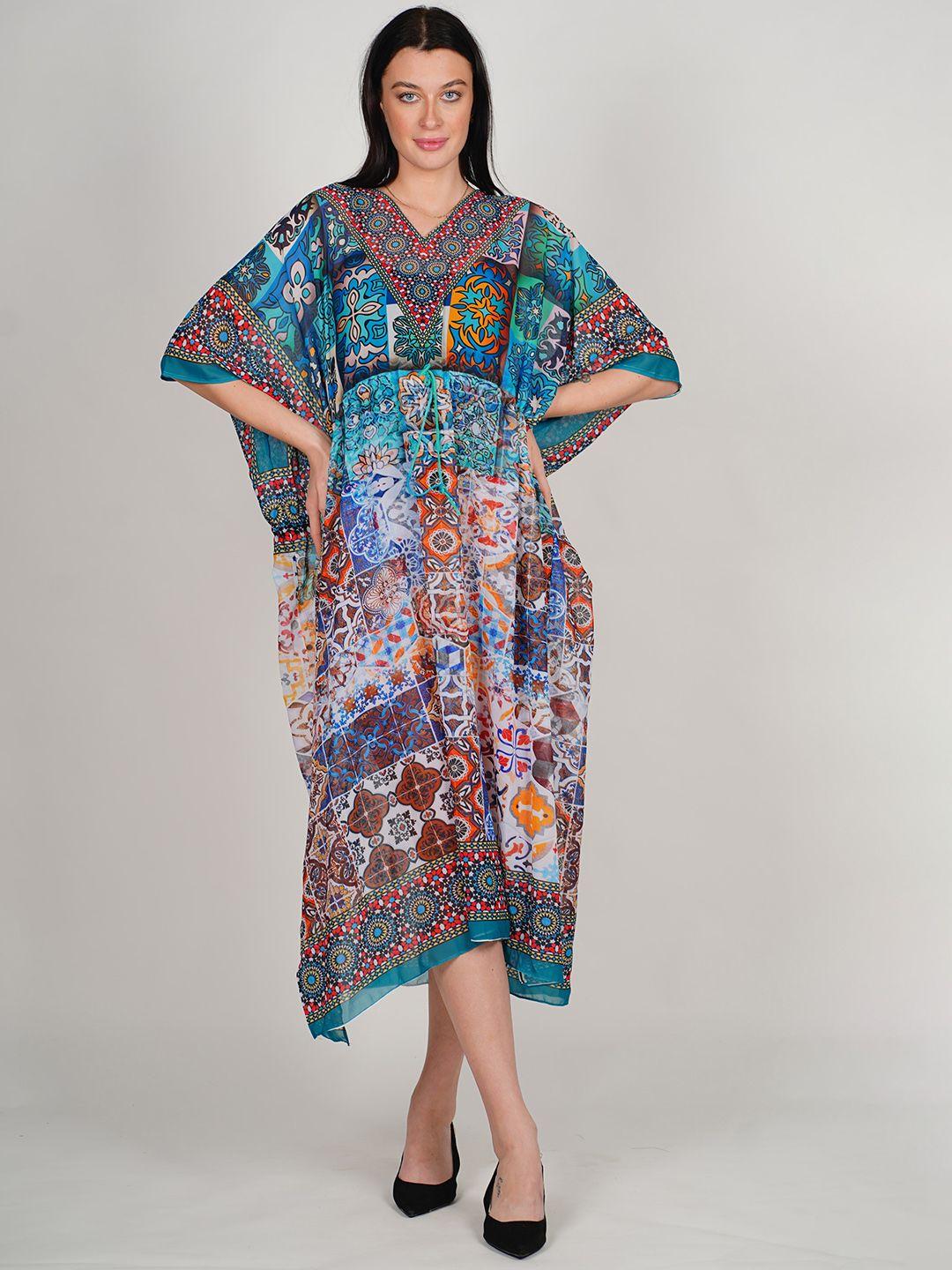 rajoria instyle ethnic motifs print flared sleeve georgette kaftan midi dress