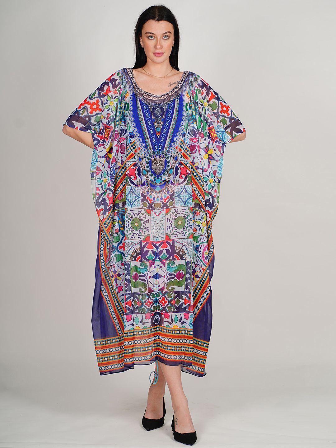 rajoria instyle ethnic motifs print georgette kaftan midi dress