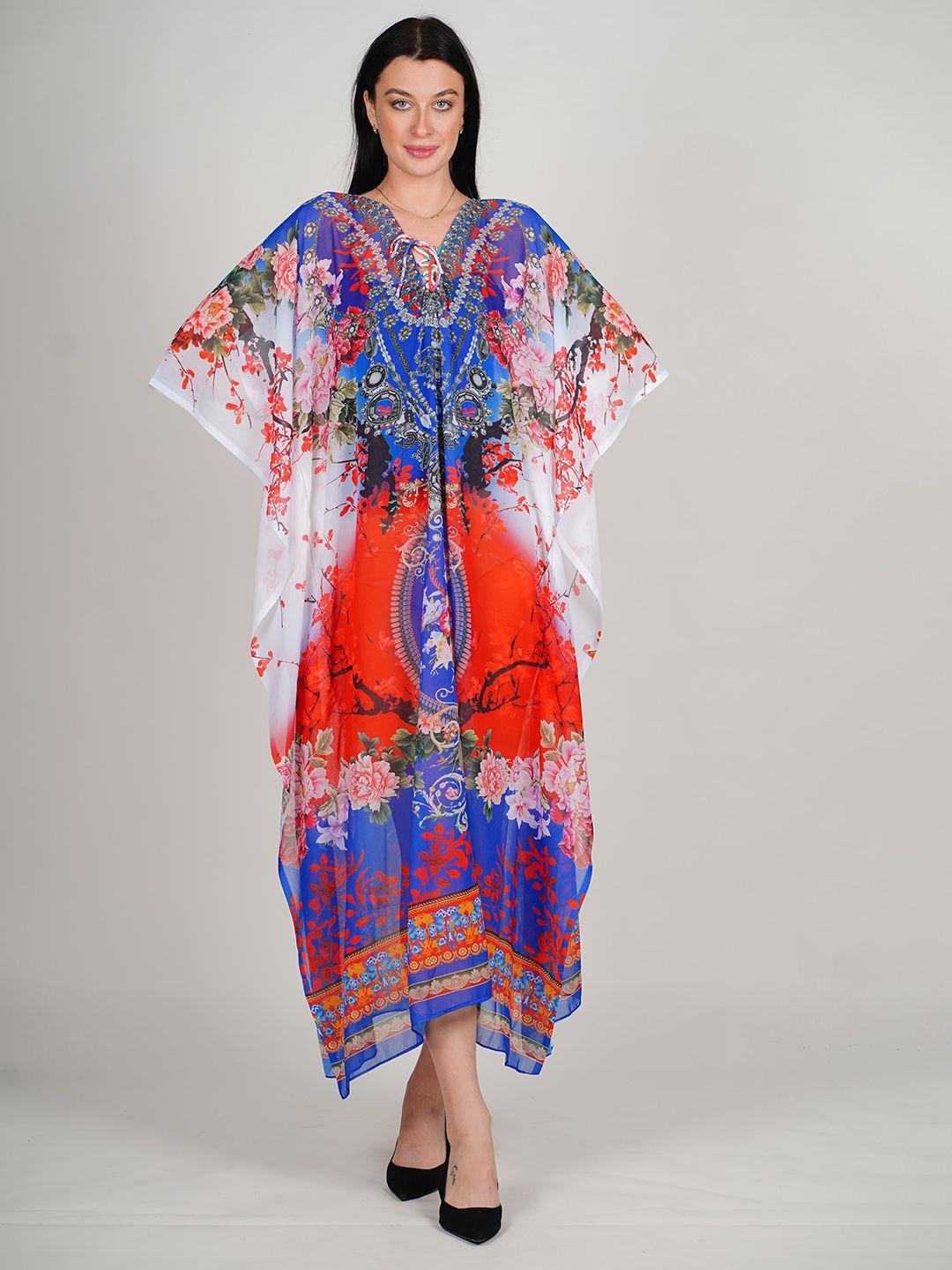 rajoria instyle ethnic motifs print kimono sleeve georgette kaftan midi dress