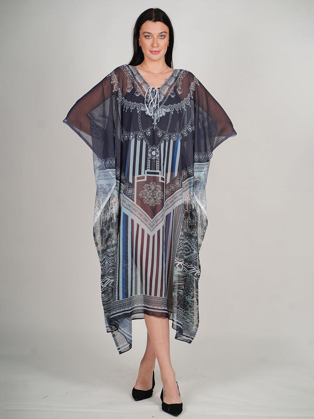 rajoria instyle ethnic motifs print kimono sleeve georgette kaftan midi dress