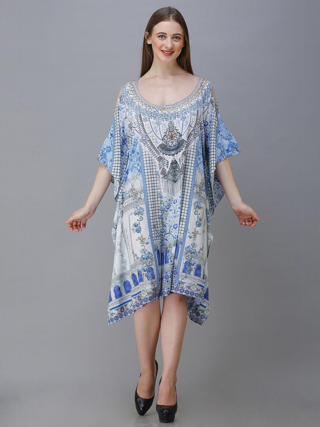 rajoria instyle white & blue ethnic motifs georgette ethnic kaftan midi dress