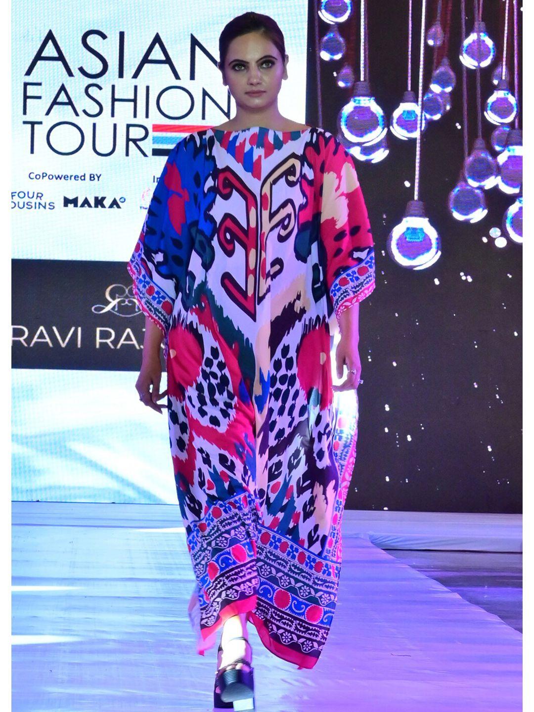 rajoria instyle abstract printed extended sleeves crepe kaftan maxi dress