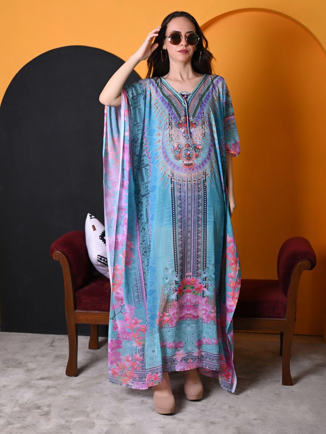 rajoria instyle abstract printed tie-up neck kimono sleeve georgette kaftan dress