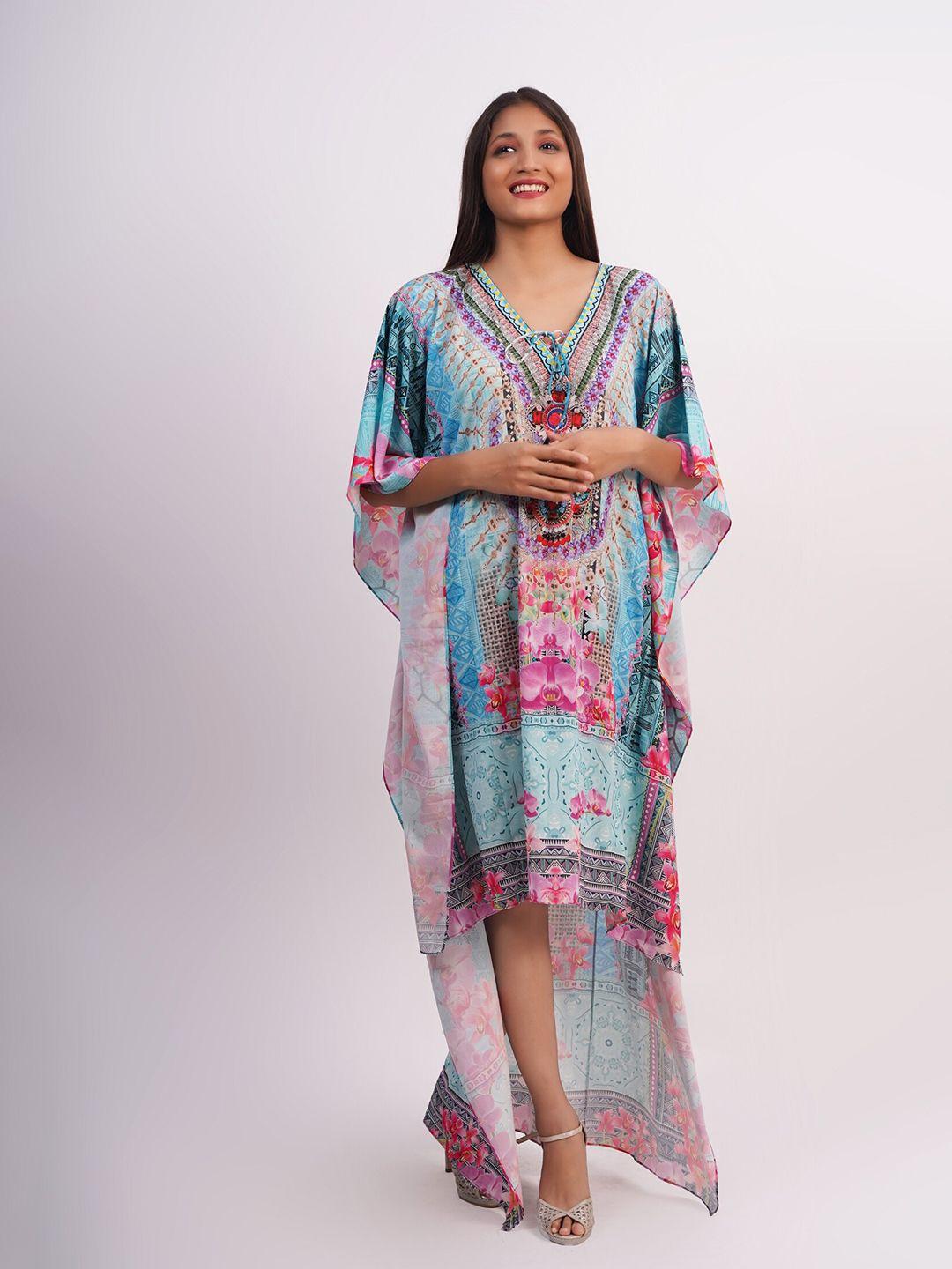 rajoria instyle blue & pink floral tie-up neck georgette ethnic kaftan midi dress