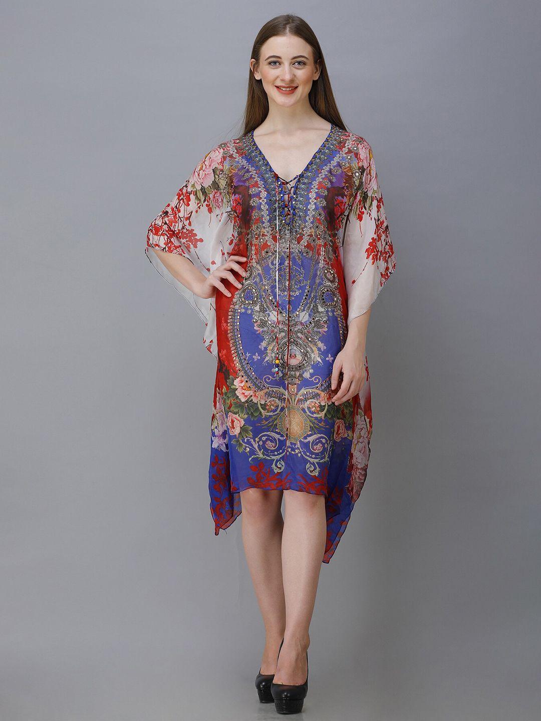 rajoria instyle blue & red georgette kaftan midi dress