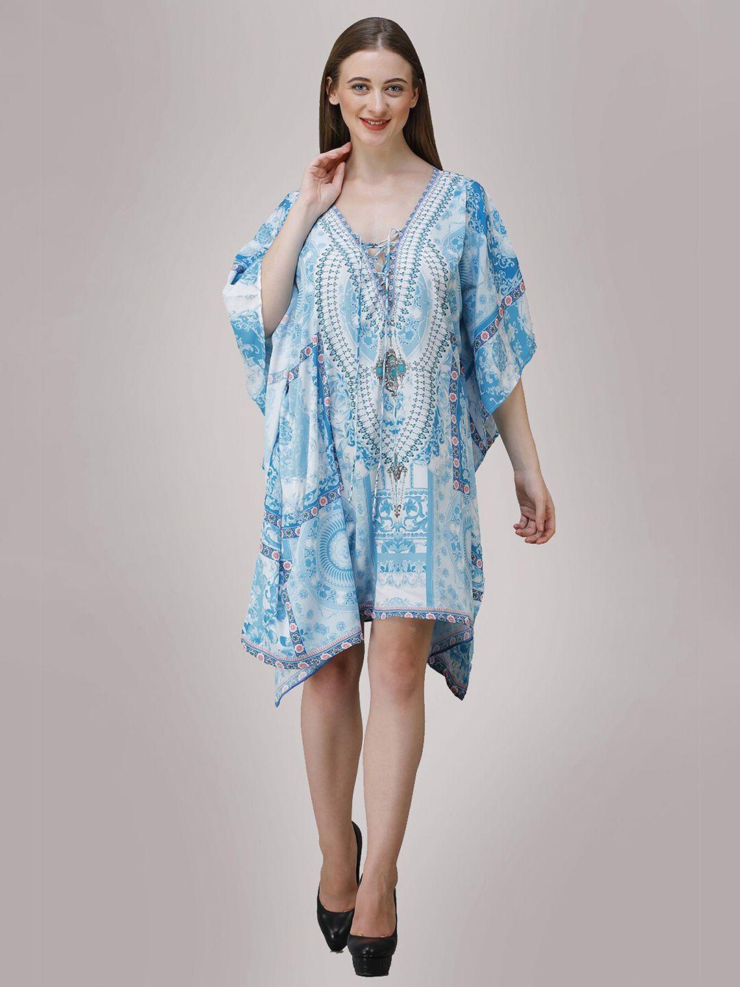 rajoria instyle blue & white floral georgette ethnic kaftan dress