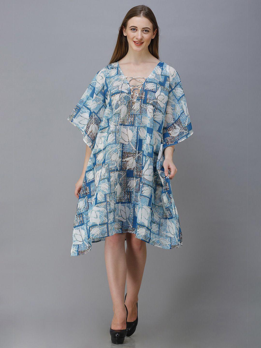 rajoria instyle blue & white floral tie-up neck georgette ethnic kaftan dress