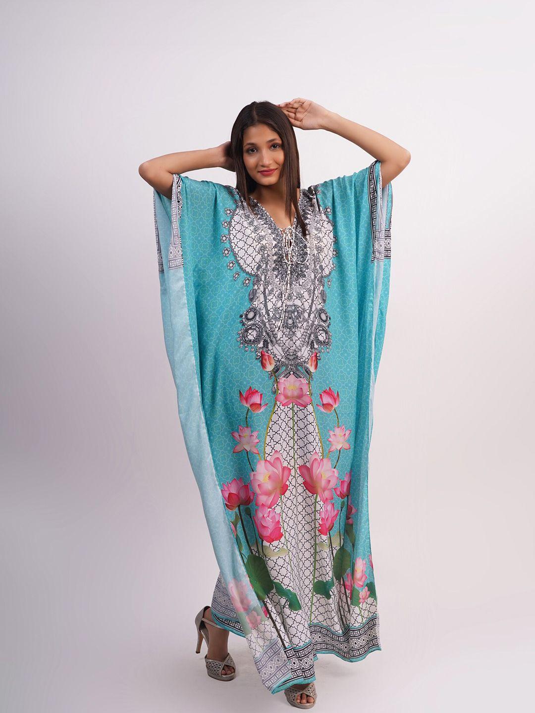 rajoria instyle blue & white floral tie-up neck georgette maxi maxi dress