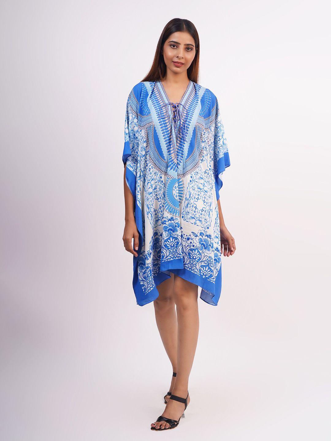 rajoria instyle blue & white tribal tie-up neck georgette ethnic kaftan dress