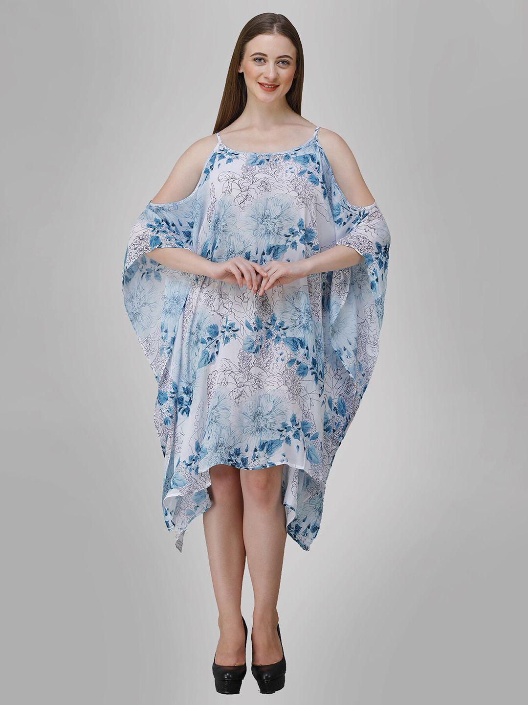 rajoria instyle blue and white  floral georgette ethnic kaftan midi dress