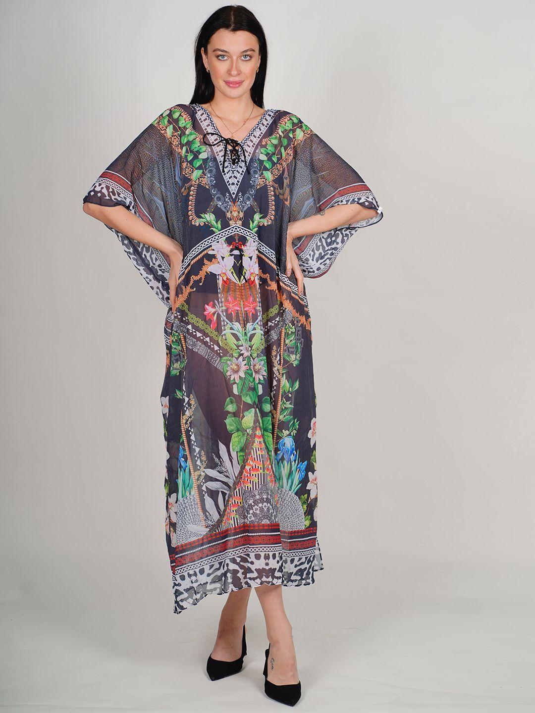 rajoria instyle ethnic motifs print kimono sleeve georgette kaftan maxi dress