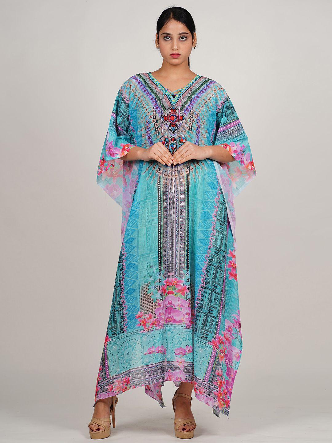 rajoria instyle floral print cape sleeve georgette kaftan maxi dress