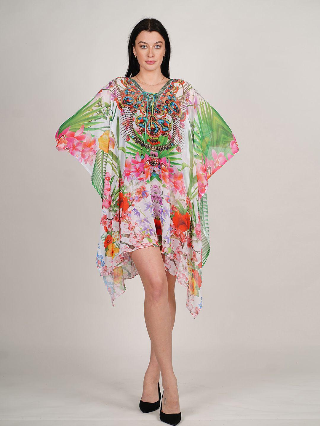 rajoria instyle floral print kimono sleeve georgette kaftan dress