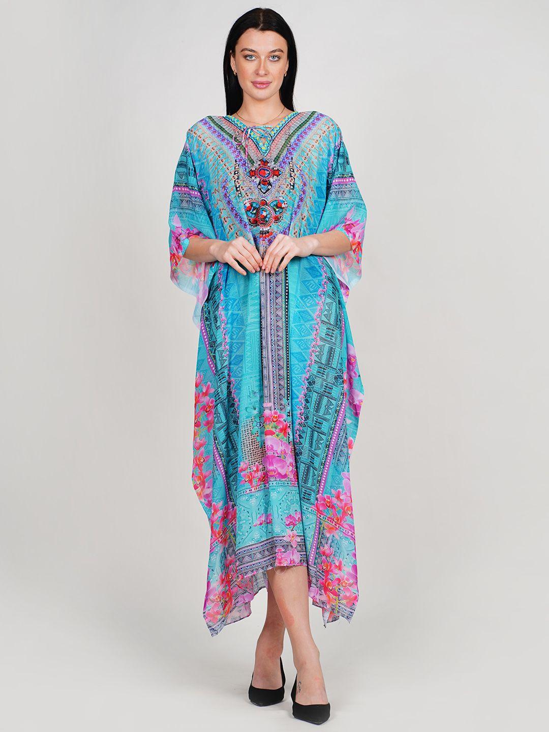 rajoria instyle floral print kimono sleeve georgette kaftan maxi dress