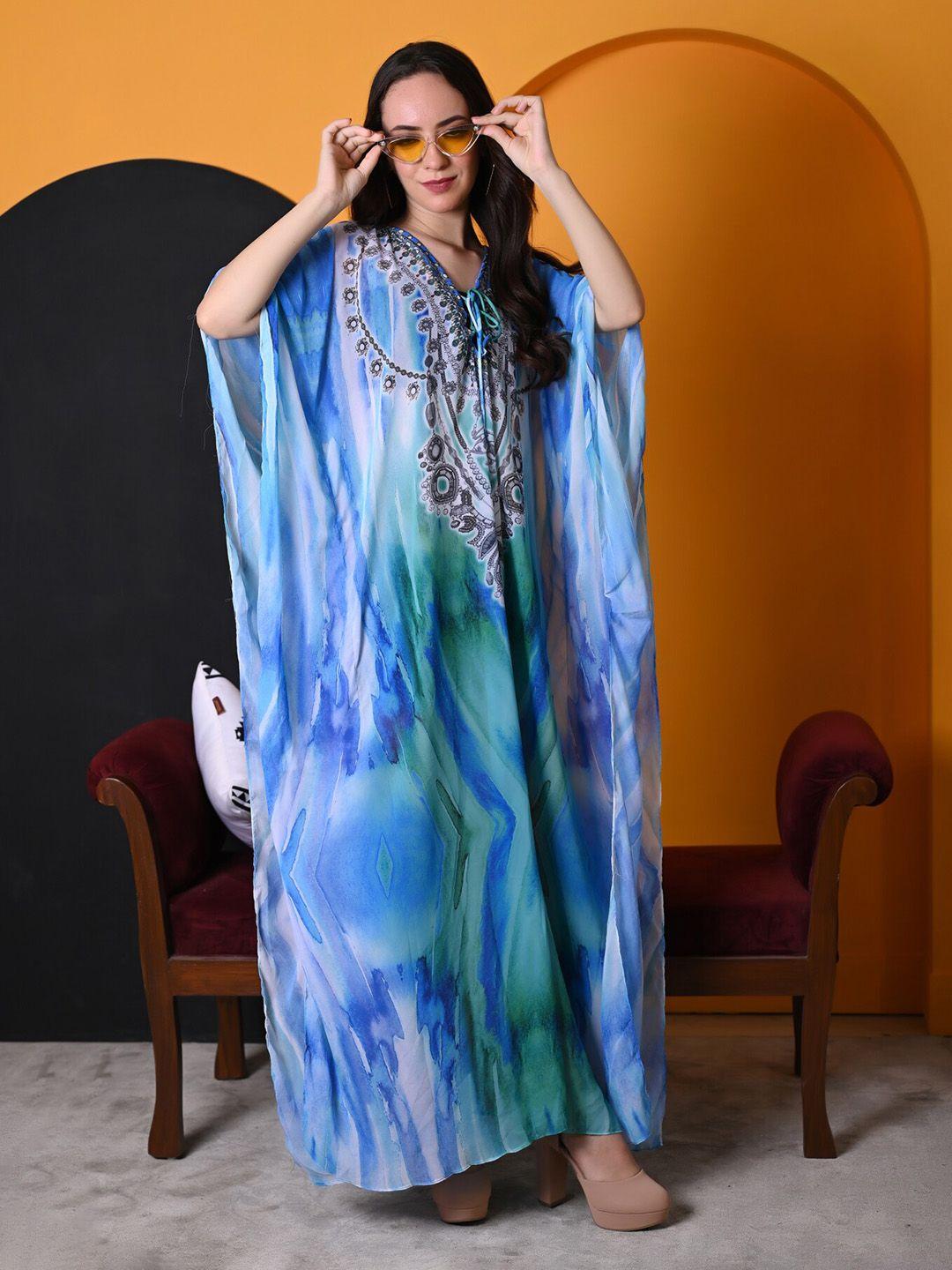 rajoria instyle floral printed tie-up neck georgette kaftan dress