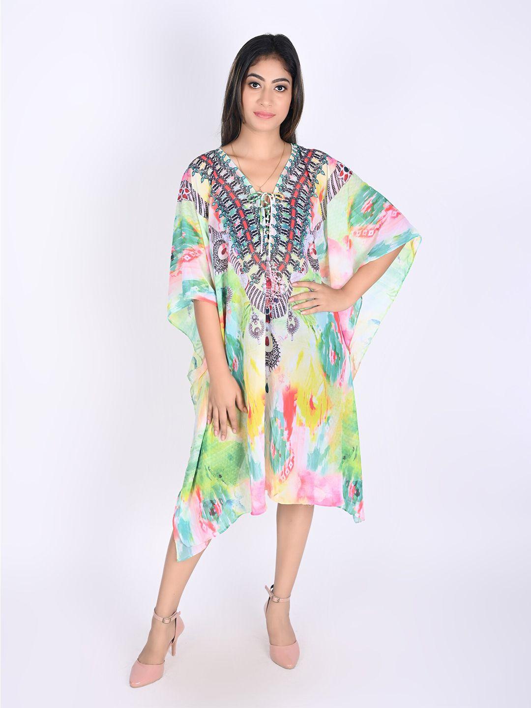 rajoria instyle green & yellow printed georgette kaftan dress