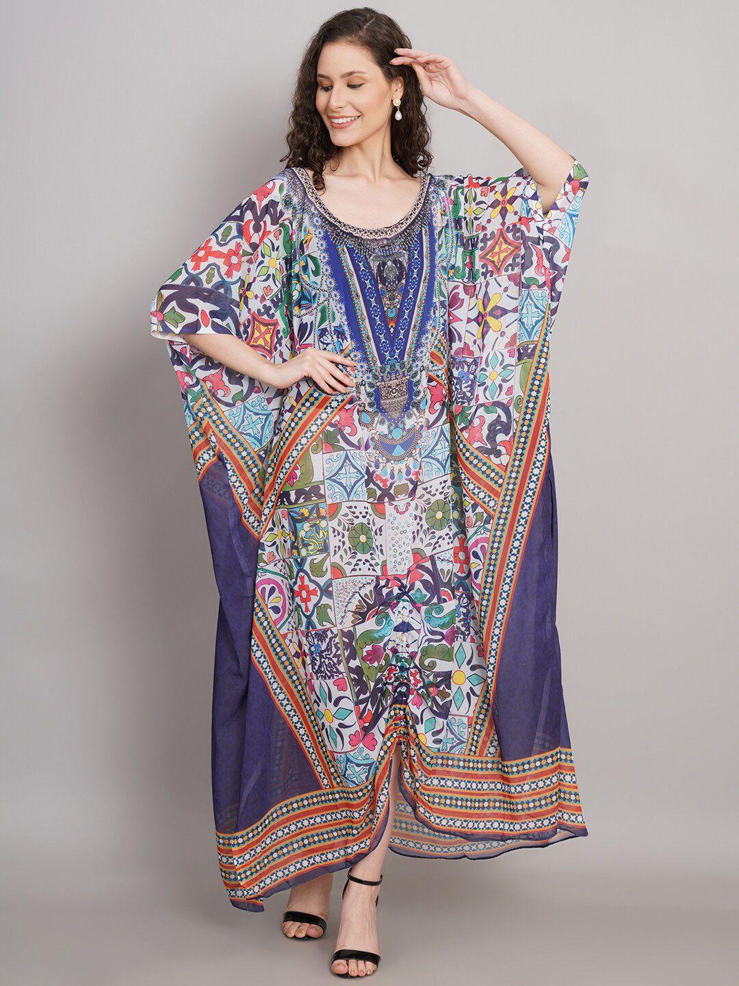 rajoria instyle multicoloured ethnic motifs print kimono sleeve georgette kaftan maxi dress