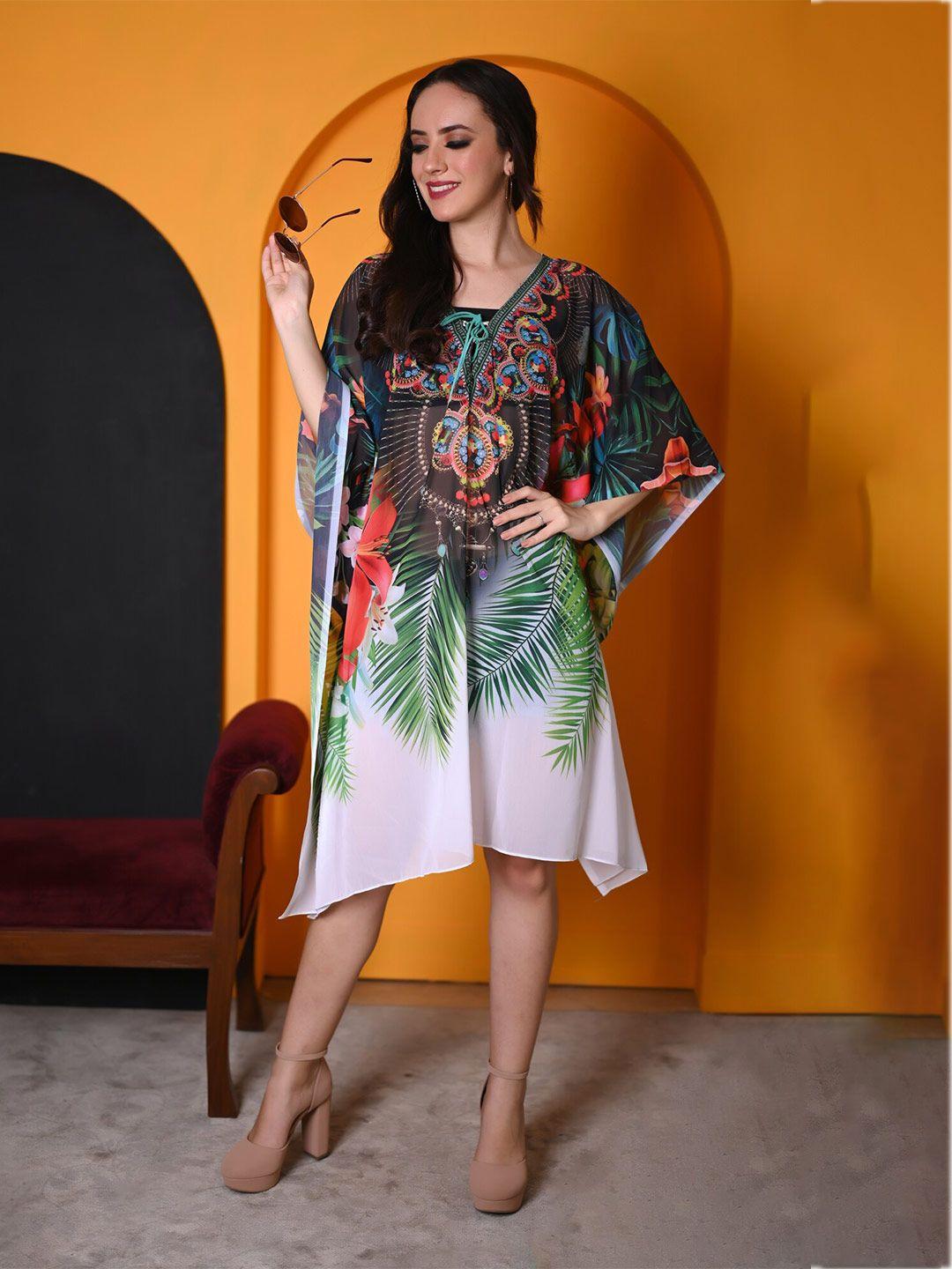 rajoria instyle multicoloured floral print flared sleeve georgette kaftan dress
