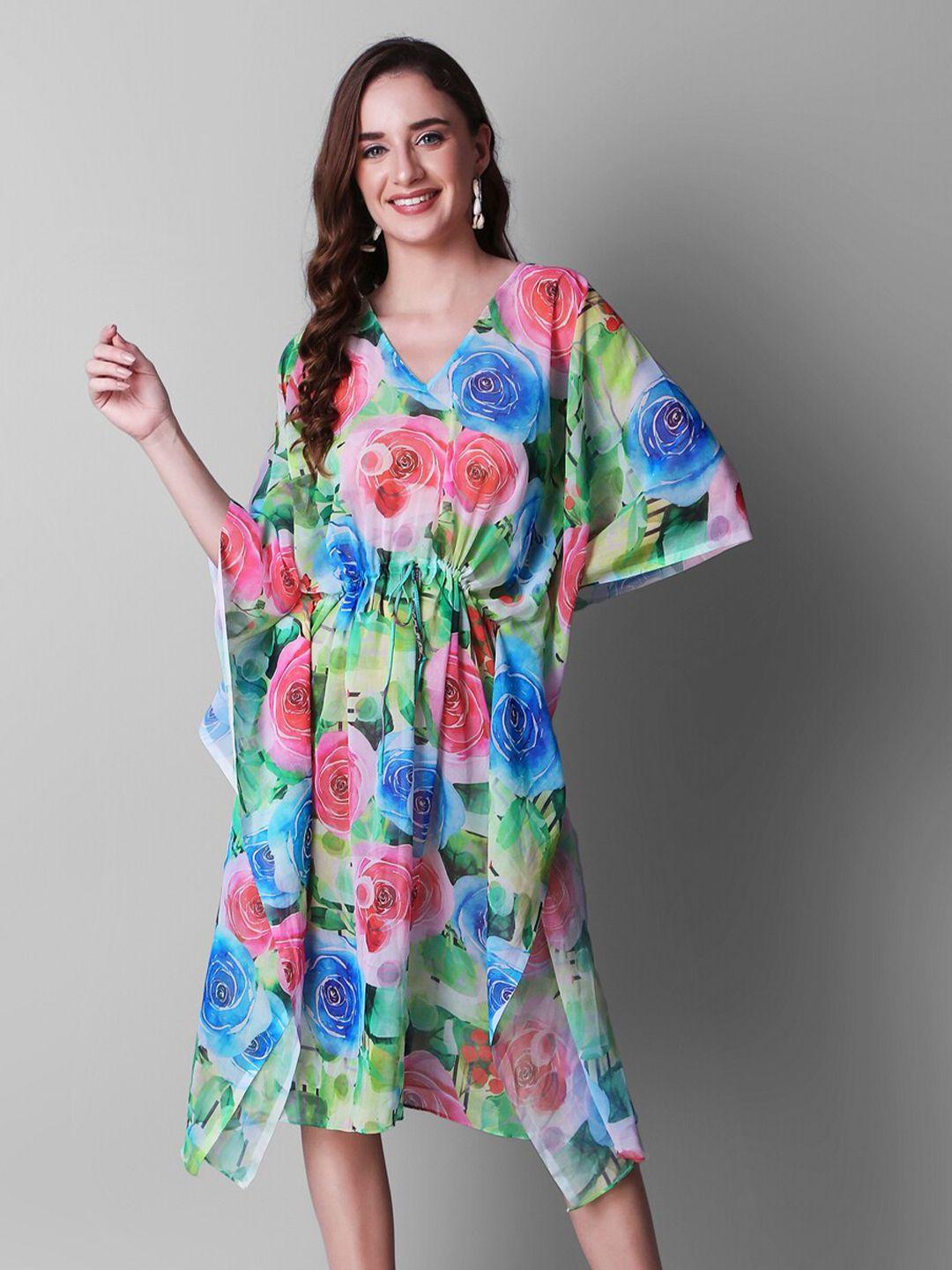 rajoria instyle multicoloured floral print flared sleeve georgette kaftan midi dress